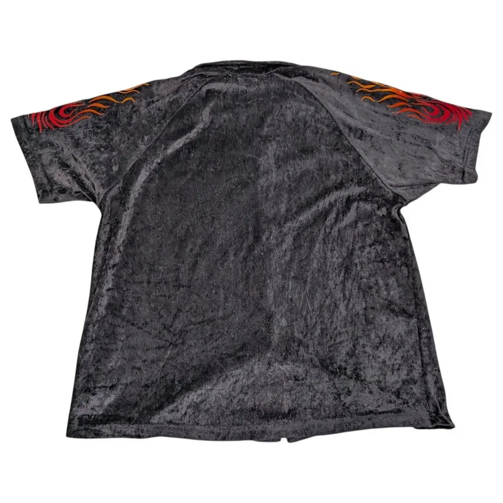 Vintage Y2K Crushed Velvet Button‎ Down Flame Shirt Size Medium